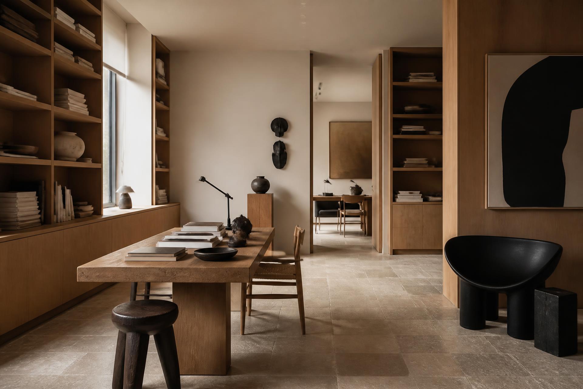 A warm contemporary interior designed by NUWA with natural oak, limestone and sculptural furniture